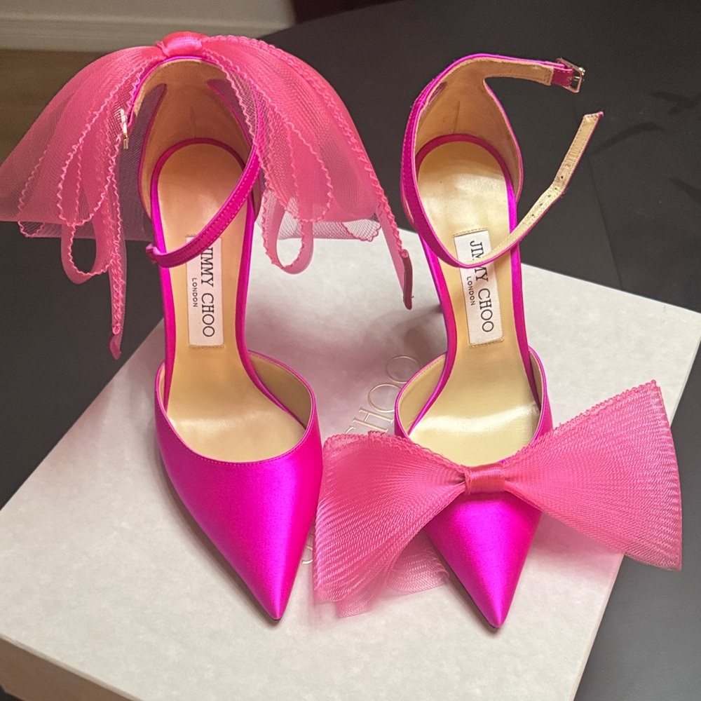 Jimmy Choo Fuchsia Satin Heels with Bow and Ankle Strap